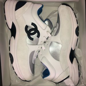 AUTH CHANEL White Blue Silver Sneakers